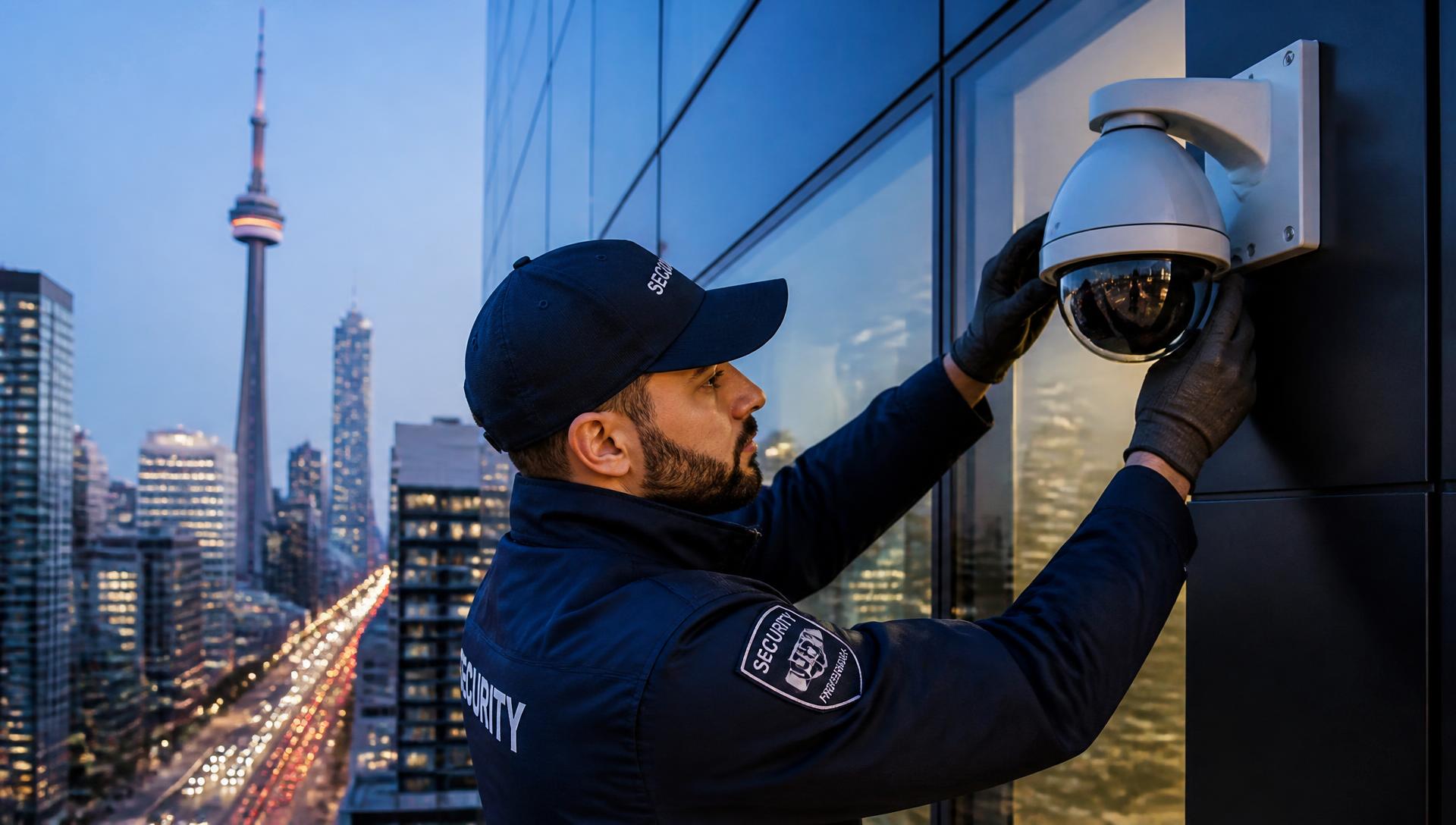Technician installing a commercial security camera on an office tower at dusk