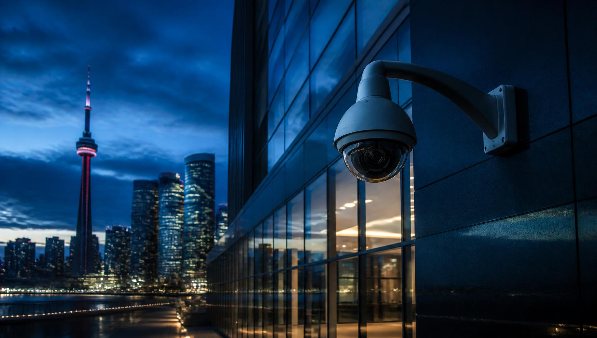 Security camera overlooking the Toronto skyline at dusk